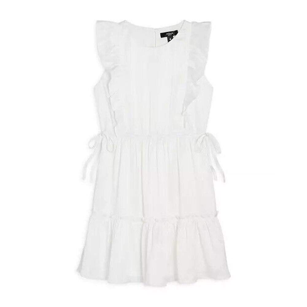 AQUA Girl's Satin Flutter Sleeve White‎ Ruffle Dress Size M 9-10 NWT